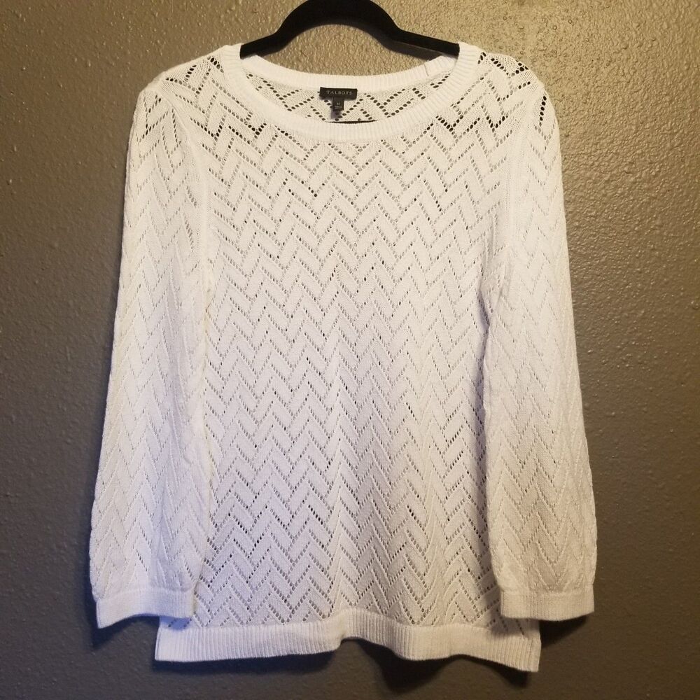 Talbots M Sweater White Linen Cotton Open Knit Beach Cruise Transitional Classic